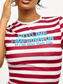 SUMWON WOMEN Striped Crop Slim Fit Tee With Graphic Text Print Front, Short Sleeve Fitted Cropped Top, Summer Y2K Streetwear Style - Red - View 3