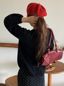 DAZY Black Crew Neck Orange Rose Floral Jacquard Pattern Loose Long Sleeve Casual Fashion Knit Sweater Fall - Black - View 2