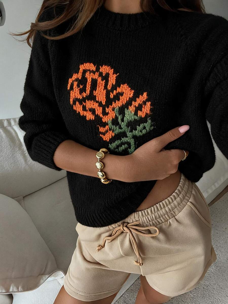 DAZY Black Crew Neck Orange Rose Floral Jacquard Pattern Loose Long Sleeve Casual Fashion Knit Sweater Fall - Black - View 1