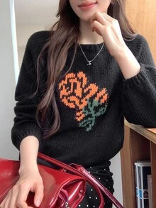 DAZY Black Crew Neck Orange Rose Floral Jacquard Pattern Loose Long Sleeve Casual Fashion Knit Sweater Fall - Black - View 8