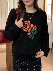 DAZY Black Crew Neck Orange Rose Floral Jacquard Pattern Loose Long Sleeve Casual Fashion Knit Sweater Fall - Black - View 3