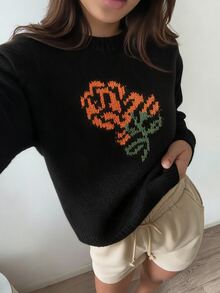 DAZY Black Crew Neck Orange Rose Floral Jacquard Pattern Loose Long Sleeve Casual Fashion Knit Sweater Fall - Black - View 7