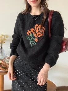 DAZY Black Crew Neck Orange Rose Floral Jacquard Pattern Loose Long Sleeve Casual Fashion Knit Sweater Fall - Black - View 6