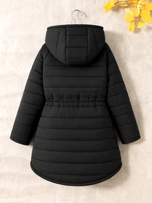 SHEIN 女童大童女孩秋冬保暖內裡加厚毛絨連帽抽繩收腰中長版休閒街頭風時尚外套 黑色 - 黑色 - 查看 2