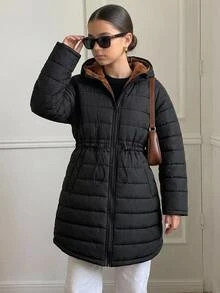 SHEIN 女童大童女孩秋冬保暖內裡加厚毛絨連帽抽繩收腰中長版休閒街頭風時尚外套 黑色 - 黑色 - 查看 7