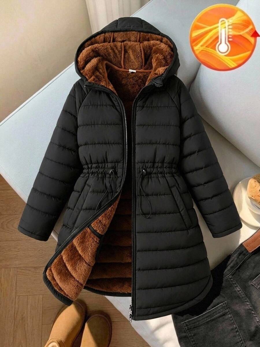 SHEIN 女童大童女孩秋冬保暖內裡加厚毛絨連帽抽繩收腰中長版休閒街頭風時尚外套 黑色 - 黑色 - 查看 1
