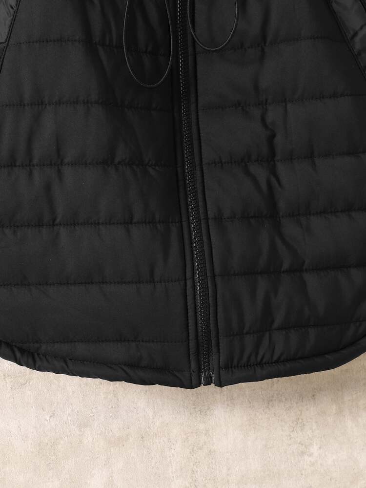 SHEIN Tween Girl Kid Tween Girl Autumn/Winter Thermal Lined Thick Plush Hooded Ruched Waist Parka Coat Mid-Length Casual Streetwear Fashion Children's Jacket Girls' Coat Black - Black - View 6