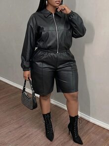 Slaydiva Plus Size Elegant Jacket & Shorts 2-Piece Set, Chic Work Business Commuter Outfit, Winter Curvy Matching Set For Women - Black - View 8