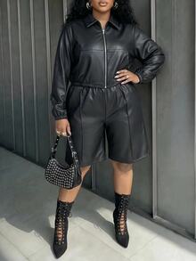 Slaydiva Plus Size Elegant Jacket & Shorts 2-Piece Set, Chic Work Business Commuter Outfit, Winter Curvy Matching Set For Women - Black - View 7