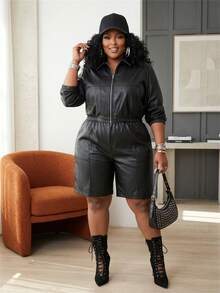 Slaydiva Plus Size Elegant Jacket & Shorts 2-Piece Set, Chic Work Business Commuter Outfit, Winter Curvy Matching Set For Women - Black - View 2