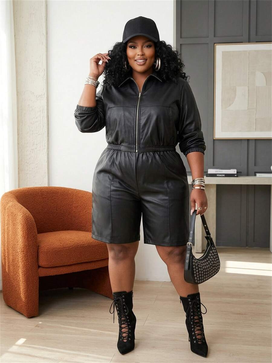 Slaydiva Plus Size Elegant Jacket & Shorts 2-Piece Set, Chic Work Business Commuter Outfit, Winter Curvy Matching Set For Women