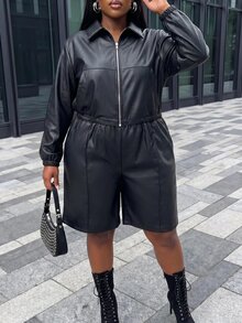 Slaydiva Plus Size Elegant Jacket & Shorts 2-Piece Set, Chic Work Business Commuter Outfit, Winter Curvy Matching Set For Women - Black - View 5
