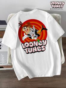 LOONEY TUNES X SHEIN Daypath 男士休閒日常短袖T恤，字母與卡通圖案印花 - 白色 - 查看 1