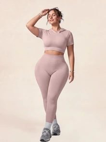SHEIN Rhythm Era Plus Size Short Sleeve Hooded Top And Solid Color Fitted Leggings Sports Set Gym Pilates Dusty Pink Summer Cow Girl - Pink - View 4