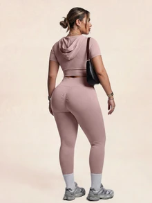 SHEIN Rhythm Era Plus Size Short Sleeve Hooded Top And Solid Color Fitted Leggings Sports Set Gym Pilates Dusty Pink Summer Cow Girl - Pink - View 2