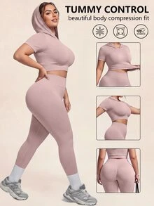 SHEIN Rhythm Era Plus Size Short Sleeve Hooded Top And Solid Color Fitted Leggings Sports Set Gym Pilates Dusty Pink Summer Cow Girl - Pink - View 1