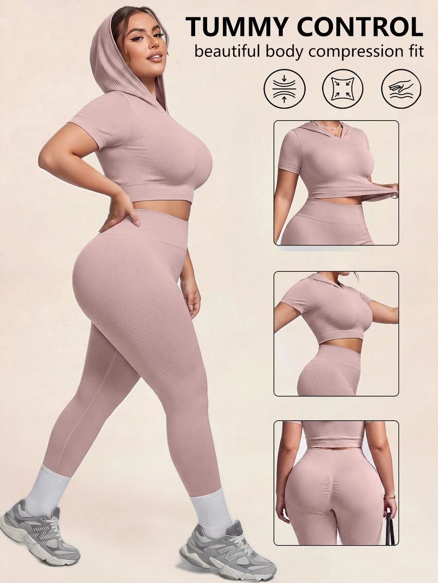 SHEIN Rhythm Era Plus Size Short Sleeve Hooded Top And Solid Color Fitted Leggings Sports Set Gym Pilates Dusty Pink Summer Cow Girl - Pink - View 1