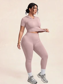 SHEIN Rhythm Era Plus Size Short Sleeve Hooded Top And Solid Color Fitted Leggings Sports Set Gym Pilates Dusty Pink Summer Cow Girl - Pink - View 3