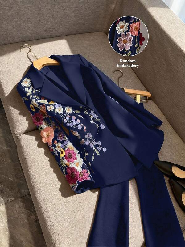 GlowEve CURVE Plus Size 2 Pieces Suit, Elegant 3D Floral Long Sleeve Blazer With Button Closure And Slim Flared Pants, Fashionable And Sophisticated For Dates