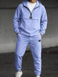SHEIN 2 件套青少年男孩半拉链连帽夹克和慢跑裤，秋冬休闲运动风格 - 淺藍色 - 查看 5