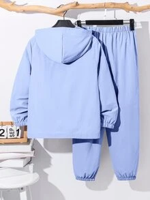 SHEIN 2 件套青少年男孩半拉链连帽夹克和慢跑裤，秋冬休闲运动风格 - 淺藍色 - 查看 2