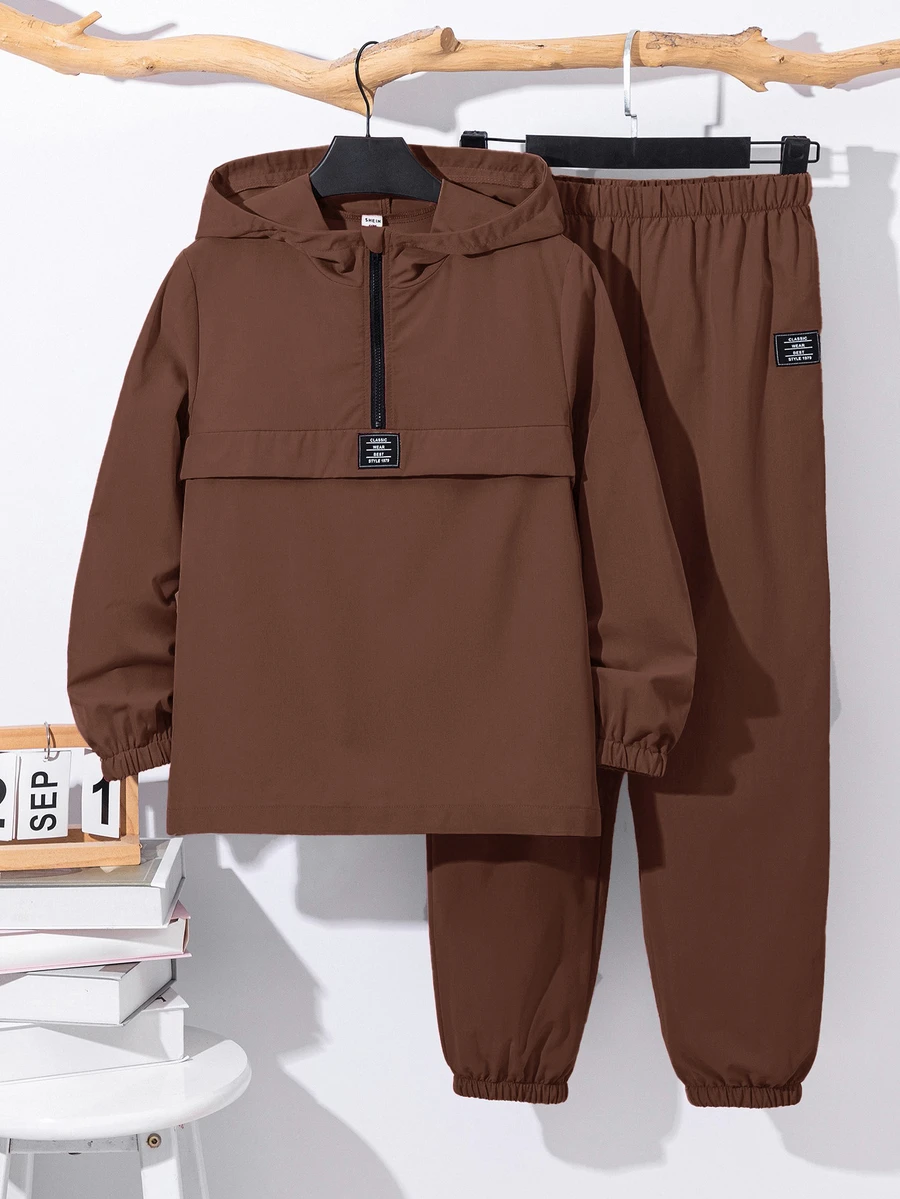 SHEIN 2 件套青少年男孩半拉链连帽夹克和慢跑裤套装,秋冬休闲运动风格 - 棕色 - 查看 1