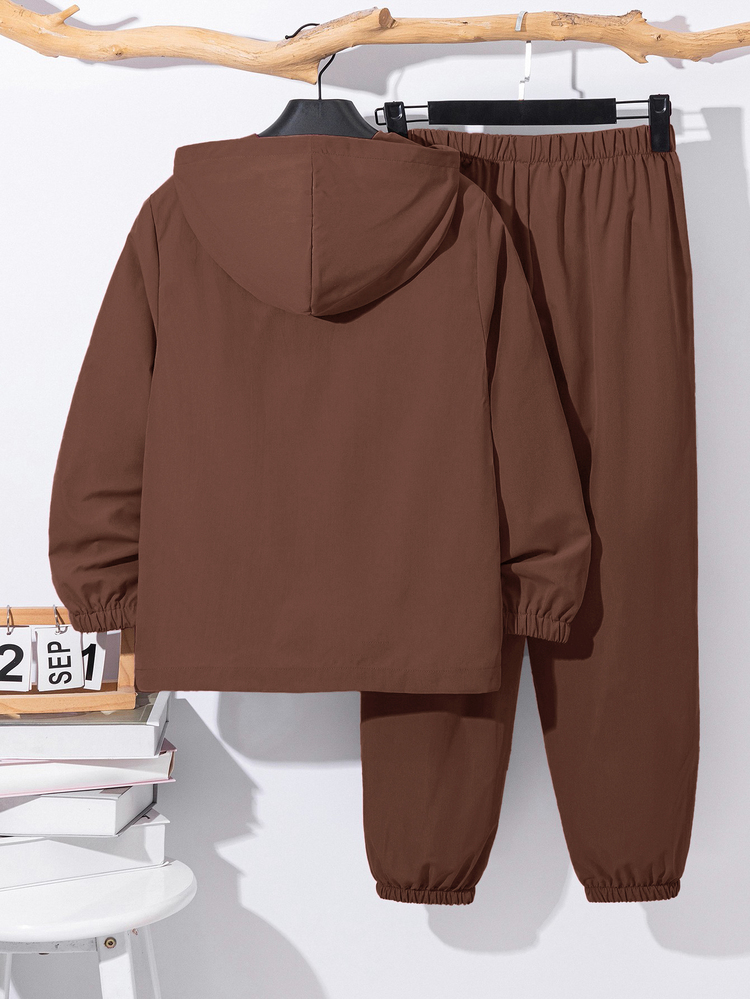 SHEIN 2pcs Tween Boy Half-Zip Hoodie Jacket And Jogger Pants Set, Casual Sports Style For Autumn/Winter - Brown - View 2