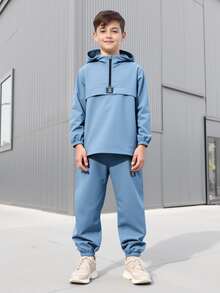 SHEIN 2pcs/Set Tween Boy Half-Zip Hooded Jacket & Jogger Pants Casual Sporty Set, Suitable For Autumn/Winter Season - Dusty Blue - View 5