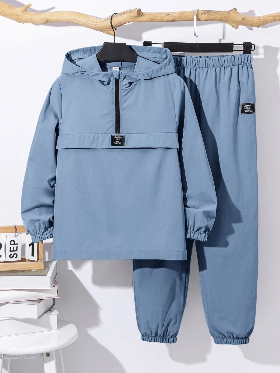 SHEIN 2pcs/Set Tween Boy Half-Zip Hooded Jacket & Jogger Pants Casual Sporty Set, Suitable For Autumn/Winter Season - Dusty Blue - View 1
