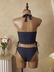 SHEIN Swim 女款 2 件式熱帶可愛多色波點印花細肩帶綁帶比基尼套裝，三角褲底，熱銷海灘度假休閒優雅情人節派對背心吊帶比基尼套裝，適合假期海灘穿搭 - 彩色 - 查看 5