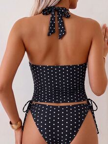 SHEIN Swim 女款 2 件式熱帶可愛多色波點印花細肩帶綁帶比基尼套裝，三角褲底，熱銷海灘度假休閒優雅情人節派對背心吊帶比基尼套裝，適合假期海灘穿搭 - 彩色 - 查看 2