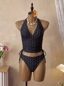 SHEIN Swim 女款 2 件式熱帶可愛多色波點印花細肩帶綁帶比基尼套裝，三角褲底，熱銷海灘度假休閒優雅情人節派對背心吊帶比基尼套裝，適合假期海灘穿搭 - 彩色 - 查看 4