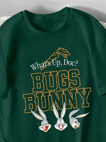 LOONEY TUNES X SHEIN Daypath 可愛卡通角色時尚休閒印花男士深綠色標準尺寸修身短袖T恤 - 墨綠色 - 查看 2
