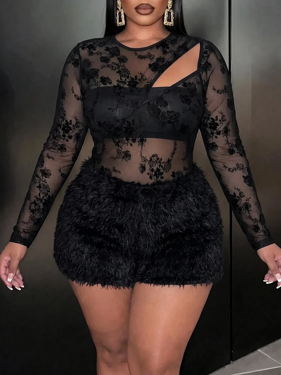 Slaydiva Plus Size Floral Flocked Mesh Patchwork Fuzzy Romper, Elegant Going Out Party Jumpsuit, Fall Autumn Curvy Fashion