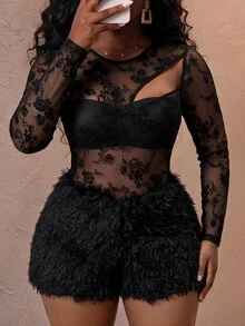 Slaydiva Plus Size Floral Flocked Mesh Patchwork Fuzzy Romper, Elegant Going Out Party Jumpsuit, Fall Autumn Curvy Fashion - Black - View 9