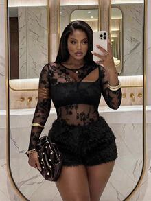 Slaydiva Plus Size Floral Flocked Mesh Patchwork Fuzzy Romper, Elegant Going Out Party Jumpsuit, Fall Autumn Curvy Fashion - Black - View 13