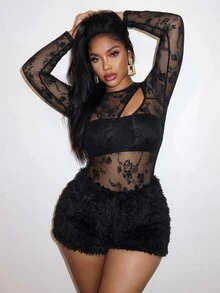 Slaydiva Plus Size Floral Flocked Mesh Patchwork Fuzzy Romper, Elegant Going Out Party Jumpsuit, Fall Autumn Curvy Fashion - Black - View 5