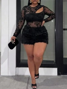 Slaydiva Plus Size Floral Flocked Mesh Patchwork Fuzzy Romper, Elegant Going Out Party Jumpsuit, Fall Autumn Curvy Fashion - Black - View 8