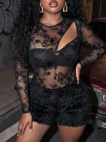 Slaydiva Plus Size Floral Flocked Mesh Patchwork Fuzzy Romper, Elegant Going Out Party Jumpsuit, Fall Autumn Curvy Fashion - Black - View 6