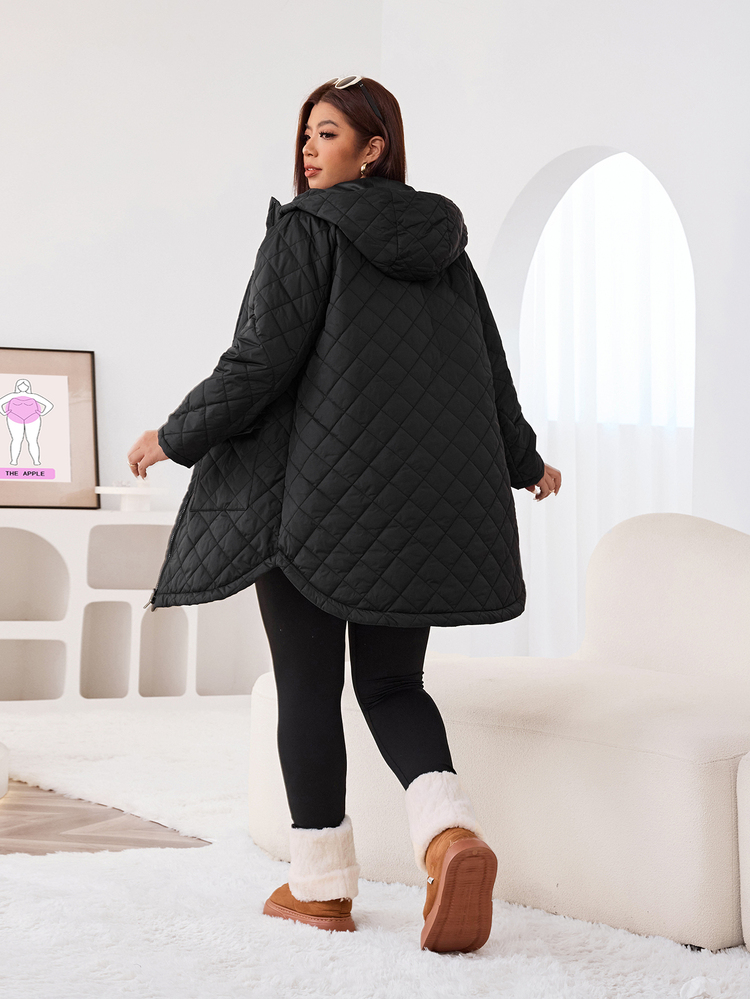 Solflare Plus Size Women's Autumn/Winter Black Thick Coat With Pockets - Black - View 2