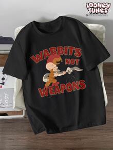 LOONEY TUNES X SHEIN Manfinity Joysei Men's Cute Cartoon Graphic Print Short Sleeve Crew Neck T-Shirt - Black - View 1