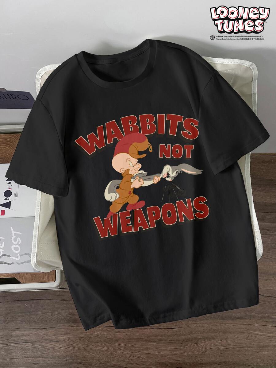 LOONEY TUNES X SHEIN Manfinity Joysei Men's Cute Cartoon Graphic Print Short Sleeve Crew Neck T-Shirt - Black - View 1