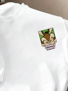 LOONEY TUNES X SHEIN Daypath 男士時尚卡通印花圓領短袖T恤 - 白色 - 查看 2