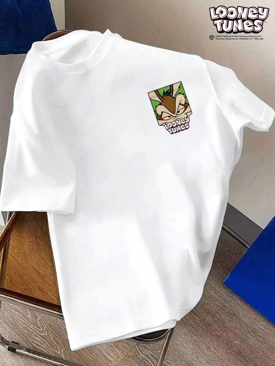 LOONEY TUNES X SHEIN Daypath 男士時尚卡通印花圓領短袖T恤 - 白色 - 查看 1