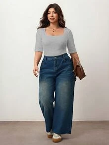 Enliva Plus Size Women's High Elastic Slim Fit Square Neck Short Sleeve T-Shirt,Grey Summer Smart Casual Everyday Skin-Friendly Tee For Rounded Body - Light Grey - View 6