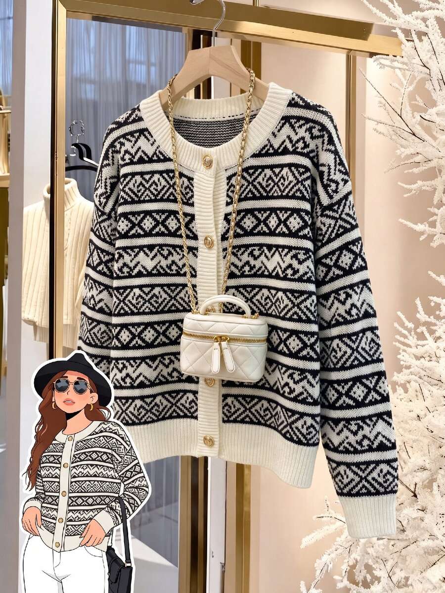 GlowEve CURVE Autumn/Winter Elegant Striped Knit Cardigan, Loose Fit Slimming Plus Size Outerwear - White - View 1