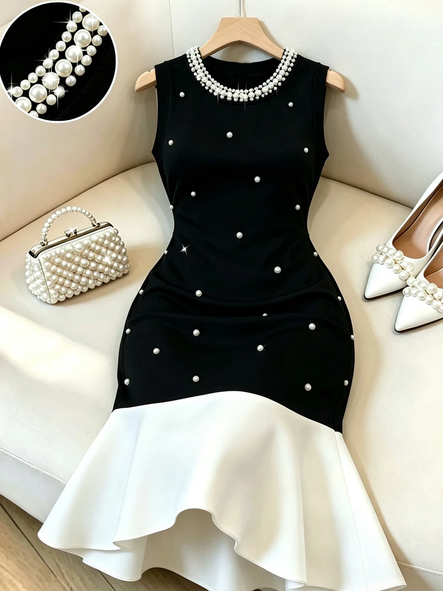 GlowEve CURVE Plus Size Round Neck Fully Pearl Studded Contrast Color Mermaid Hem Fitted Sleeveless Short Dress - Black and White - View 1