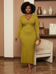 Slaydiva Plus Size Women's Solid Color V-Neck Casual Daily Knit Dress - Yellow - View 2