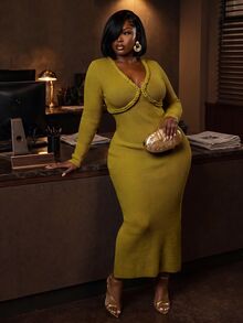 Slaydiva Plus Size Women's Solid Color V-Neck Casual Daily Knit Dress - Yellow - View 9