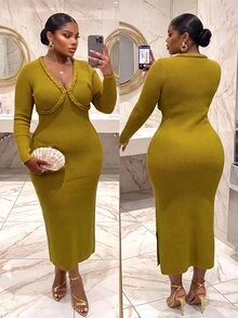 Slaydiva Plus Size Women's Solid Color V-Neck Casual Daily Knit Dress - Yellow - View 4
